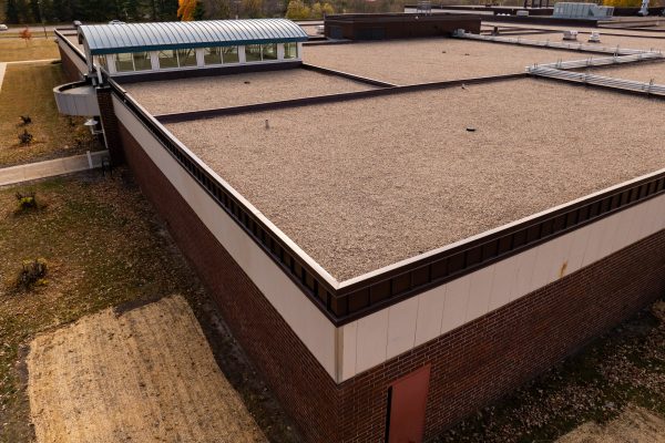 drone close up of BUR roof system on Riverland Community College