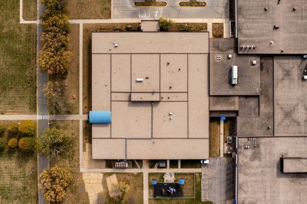 wider aerial drone shot of Riverland COmmunity College